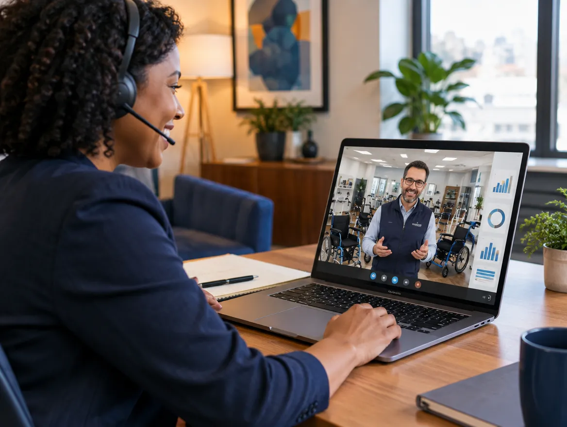 DME support agent in a headset on a video call