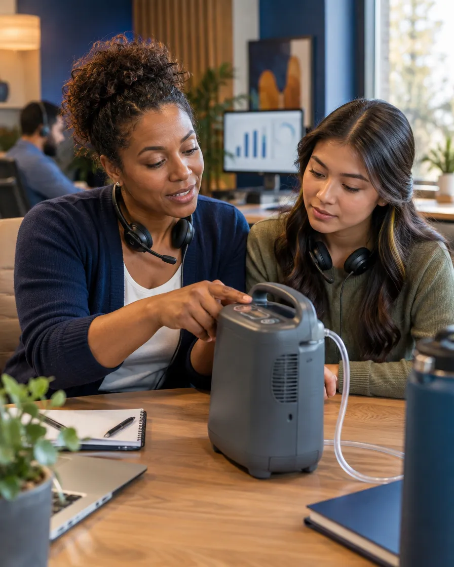 Two agents examining a portable oxygen concentrator