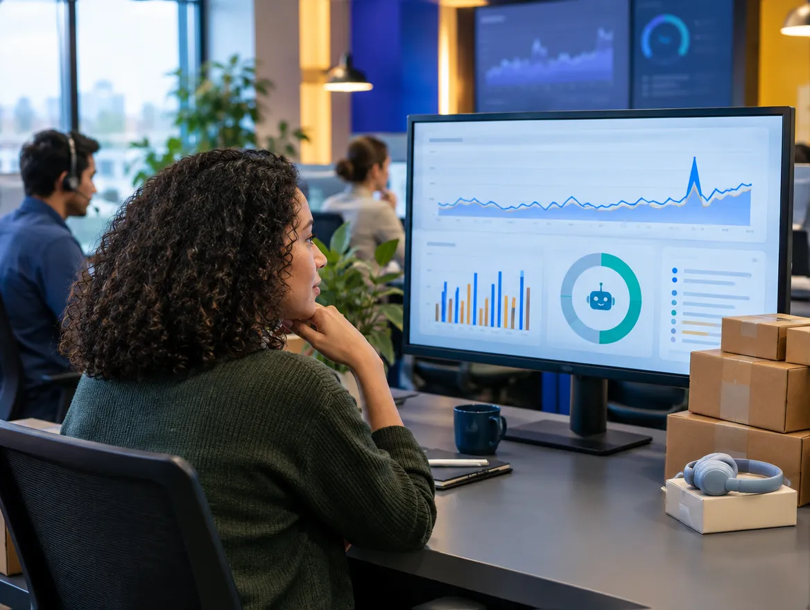 Analyst reviewing ecommerce order dashboards beside parcels