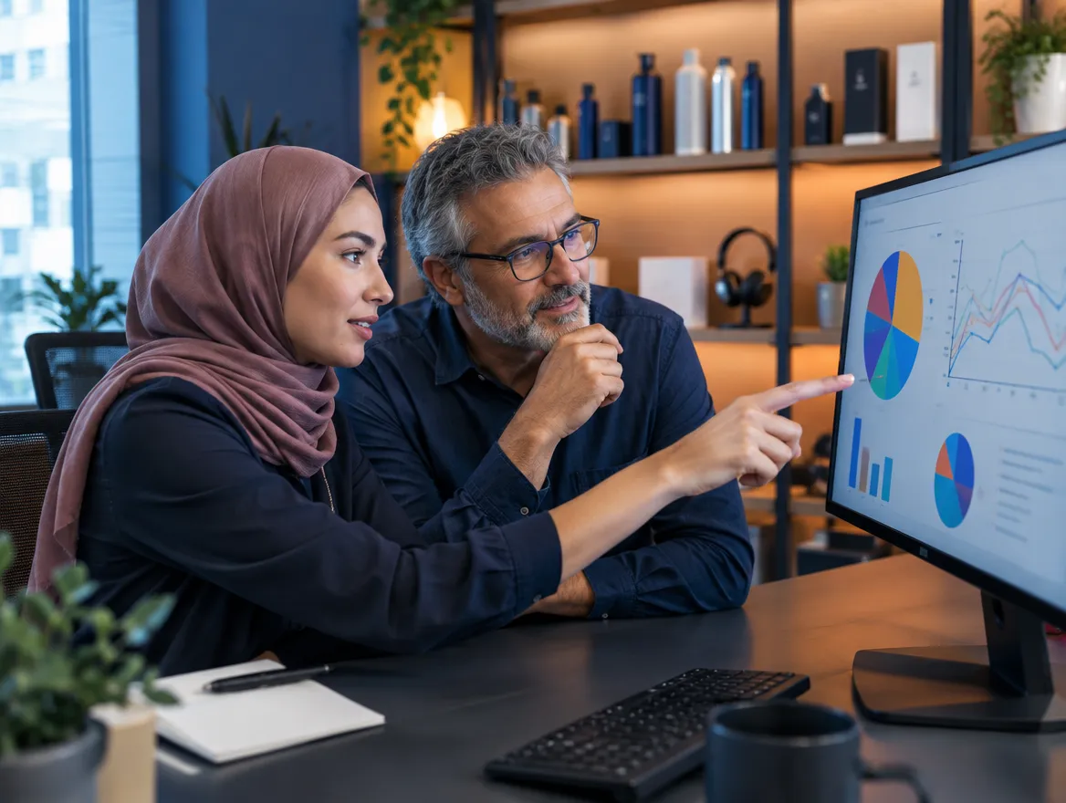 Two colleagues reviewing ecommerce sales charts on a monitor