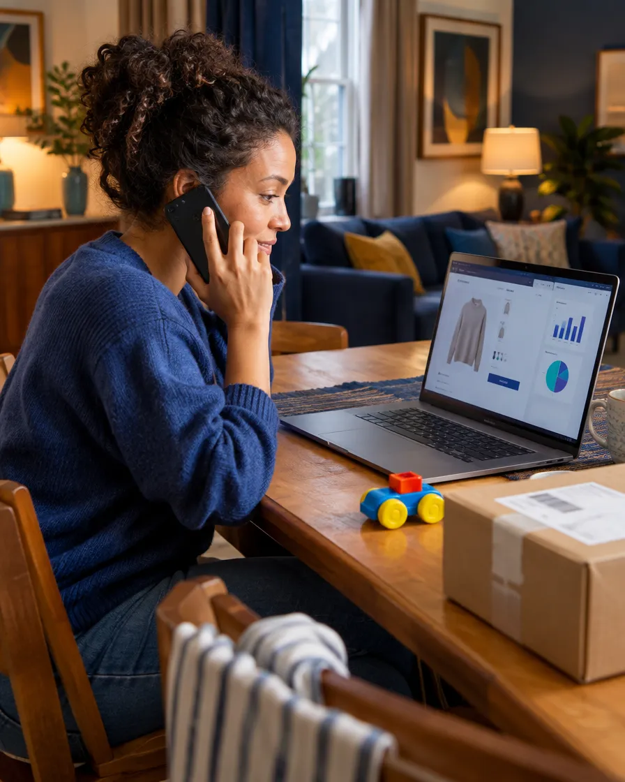 Woman on the phone checking an online order on her laptop