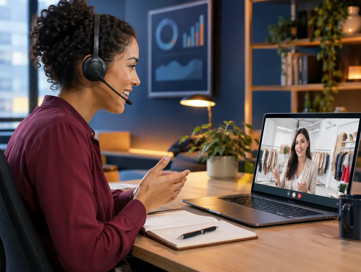 Ecommerce support agent in a headset on a video call