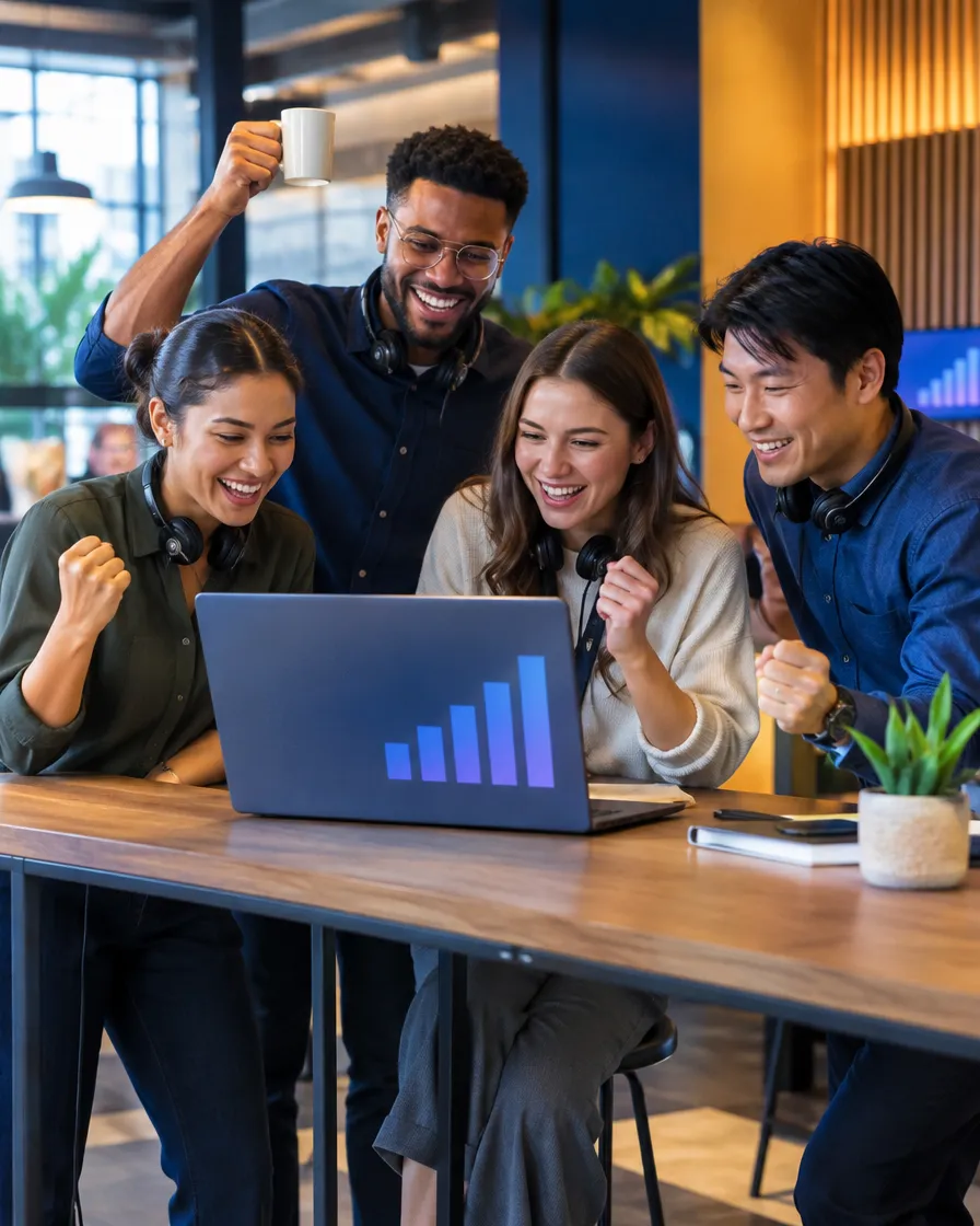Ecommerce support team celebrating results on a laptop