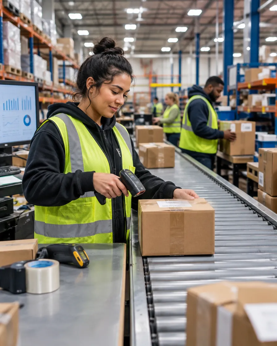 Warehouse worker packing orders on a conveyor line