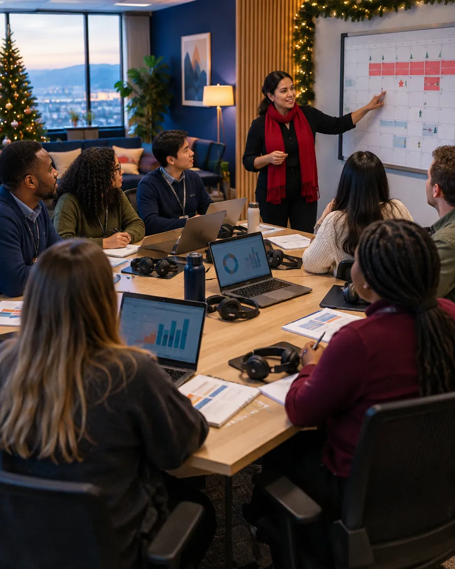 Ecommerce team planning in an office decorated for the holidays