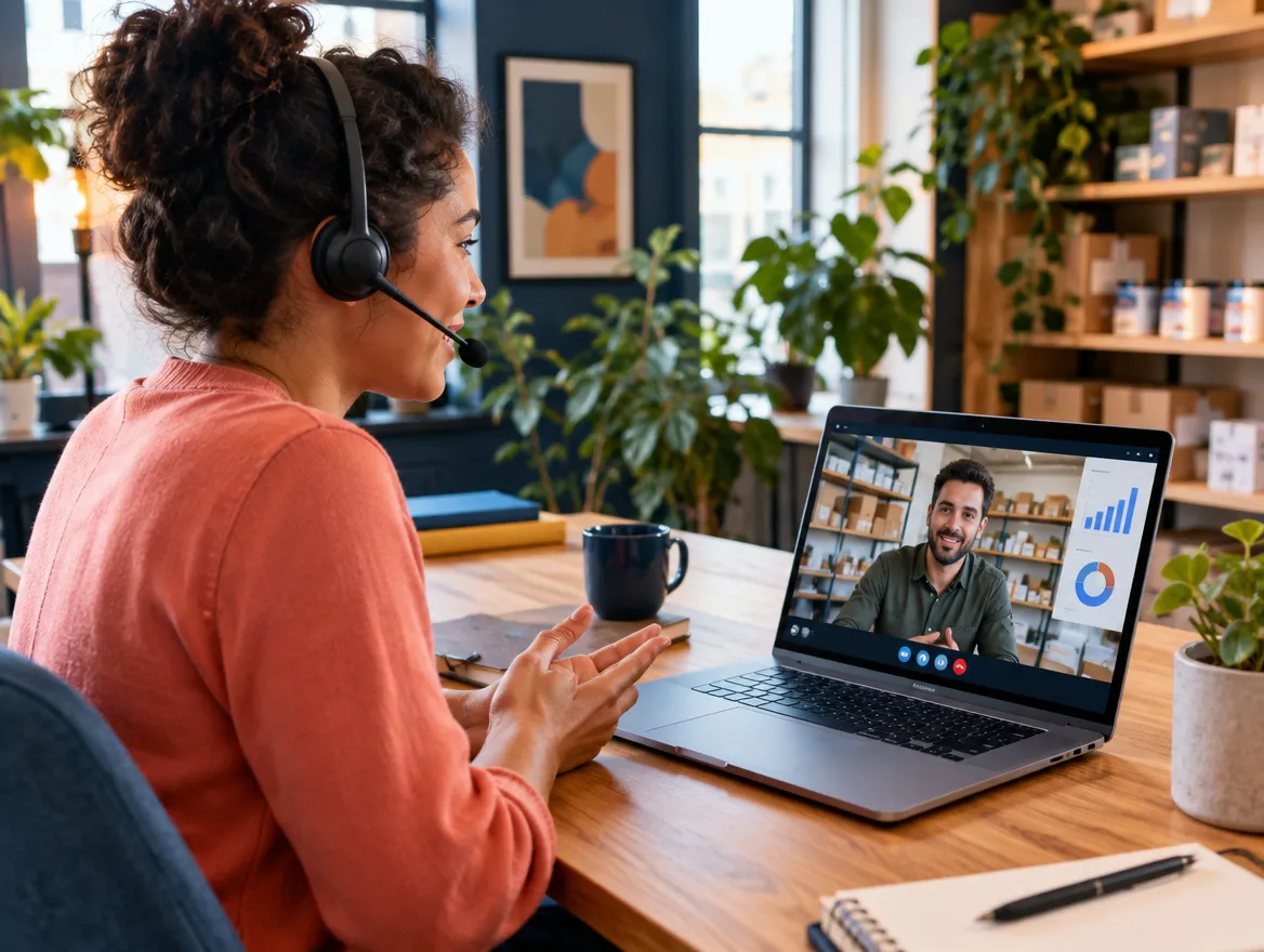 Ecommerce support agent in a headset on a video call