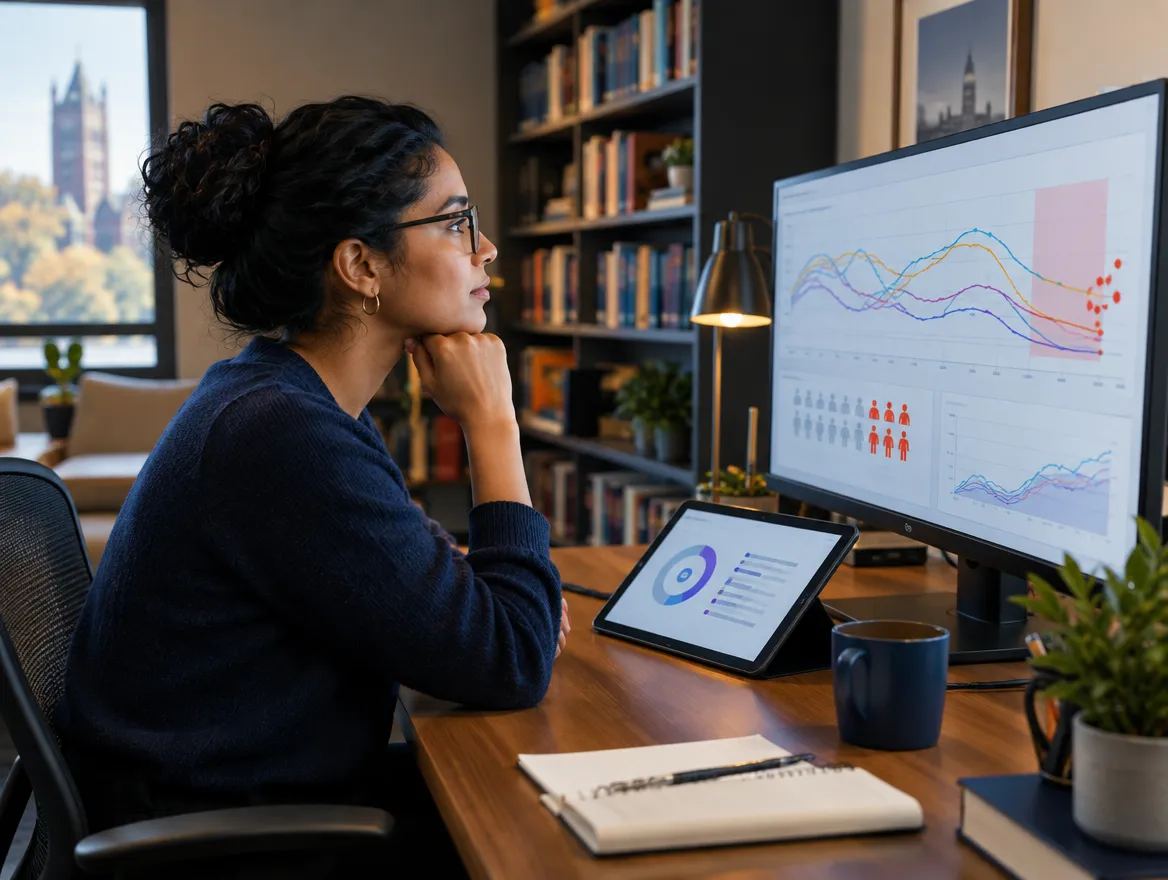 Analyst reviewing student engagement data on a monitor