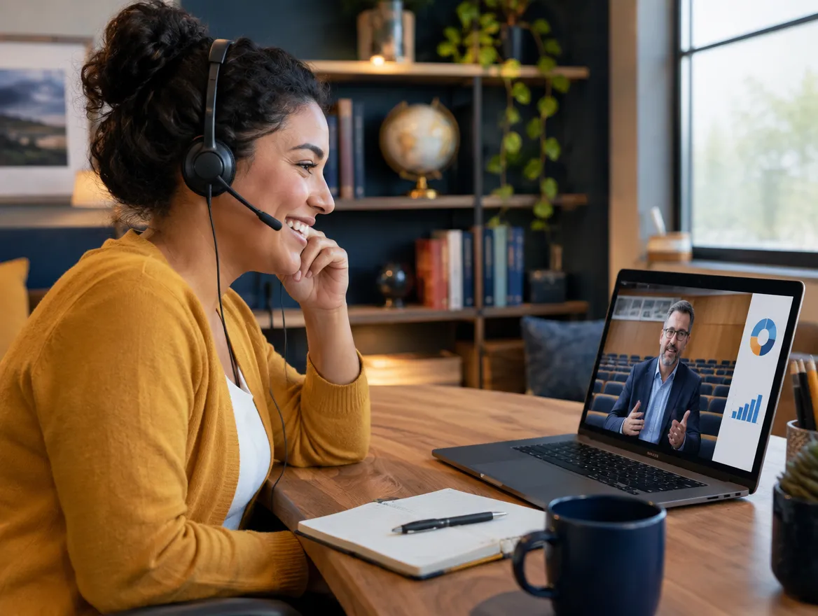 EdTech support agent in a headset on a video call