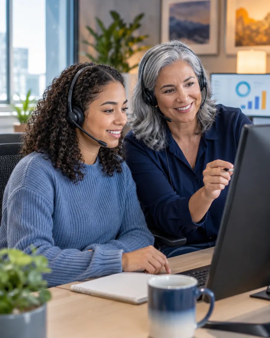 Two EdTech support agents working together at a computer