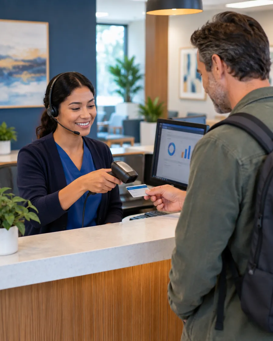Receptionist verifying a patient's insurance at a clinic front desk