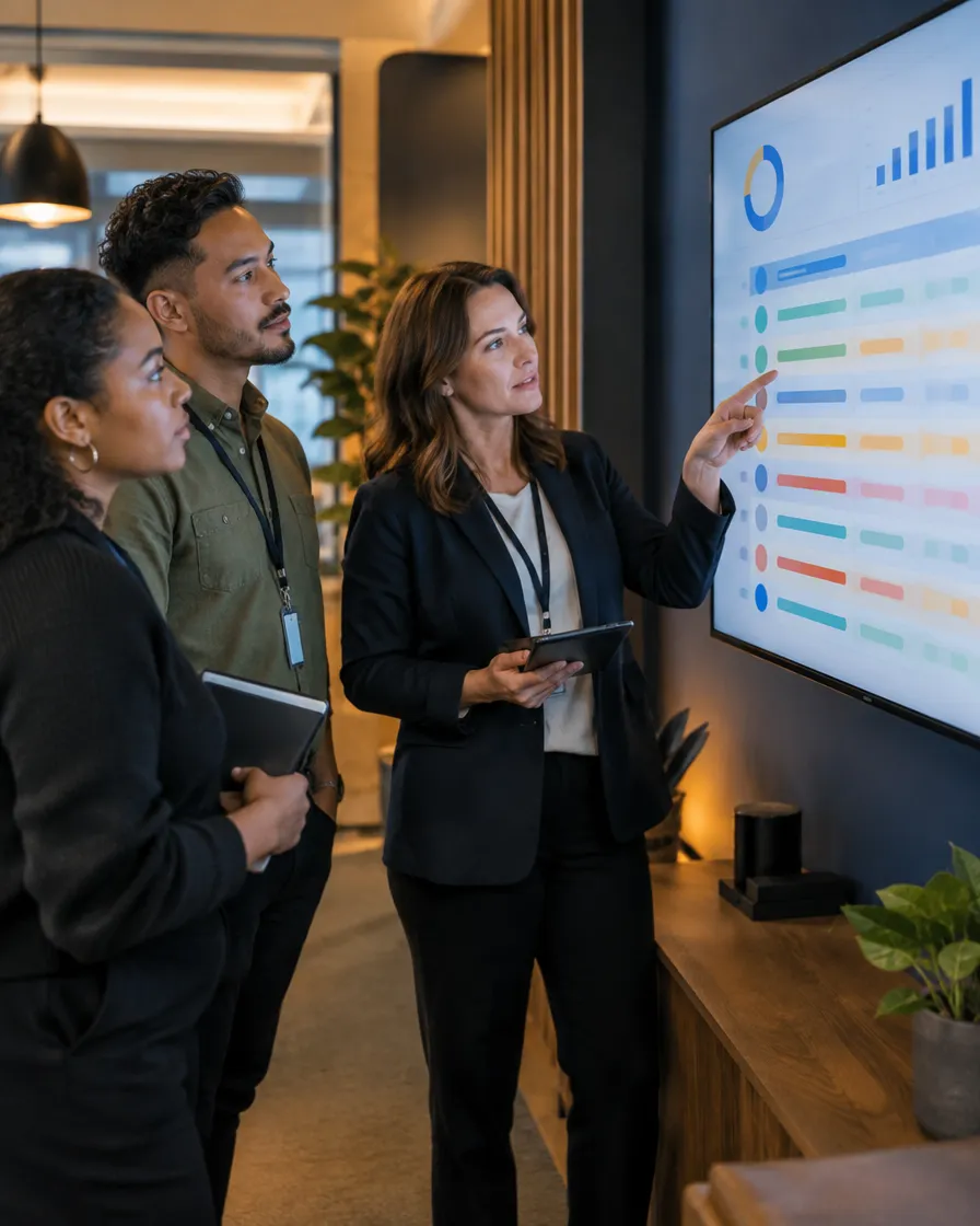 Eligibility verification team reviewing data on a wall screen