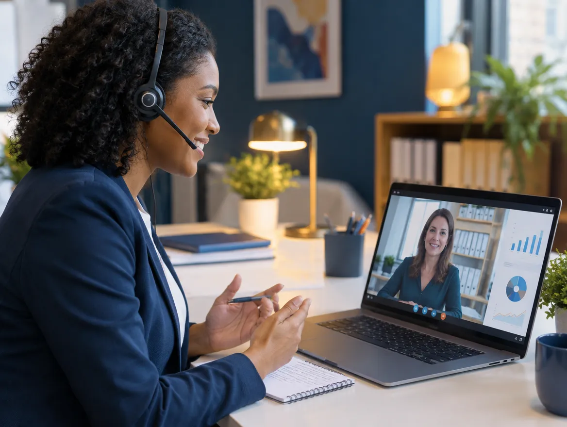 Eligibility verification agent in a headset on a video call