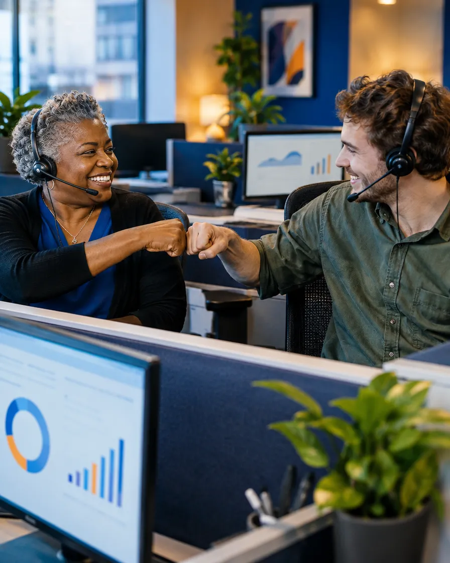 Verification agents in headsets fist-bumping at their desks