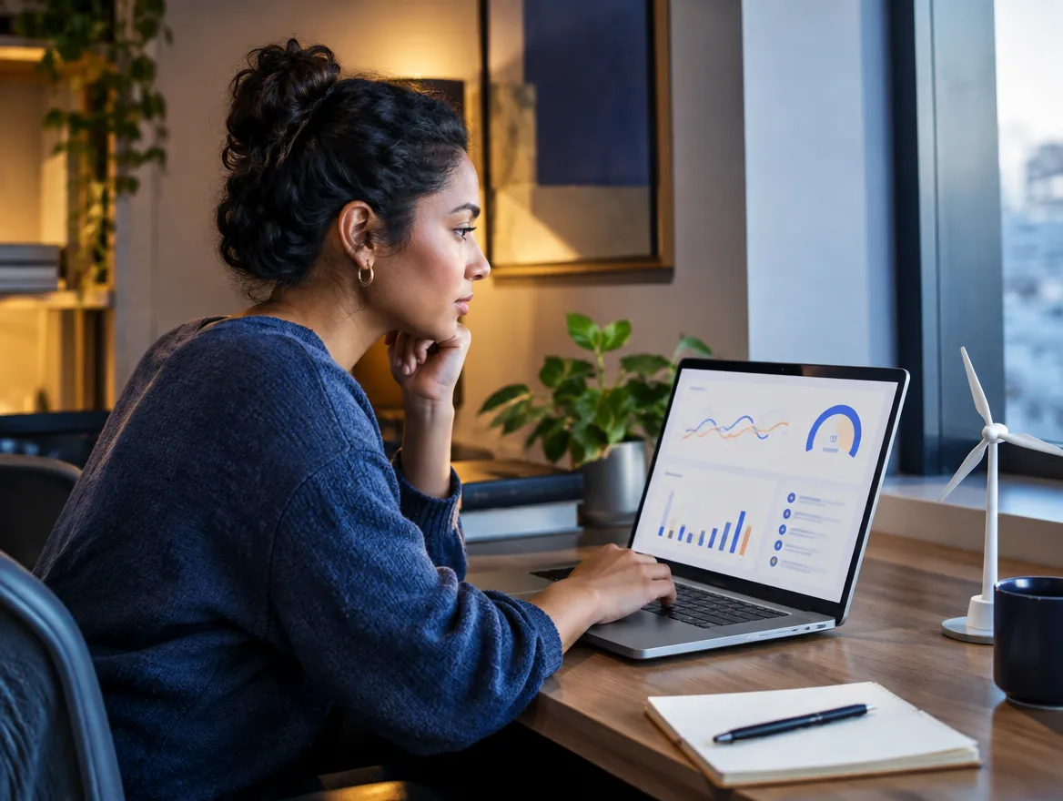 Analyst reviewing energy usage charts on a laptop