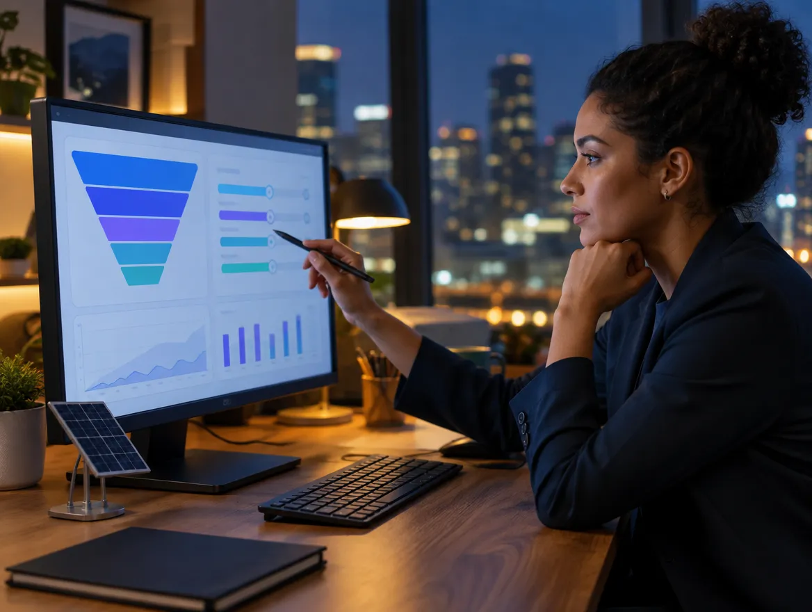 Analyst reviewing an energy customer funnel on a monitor