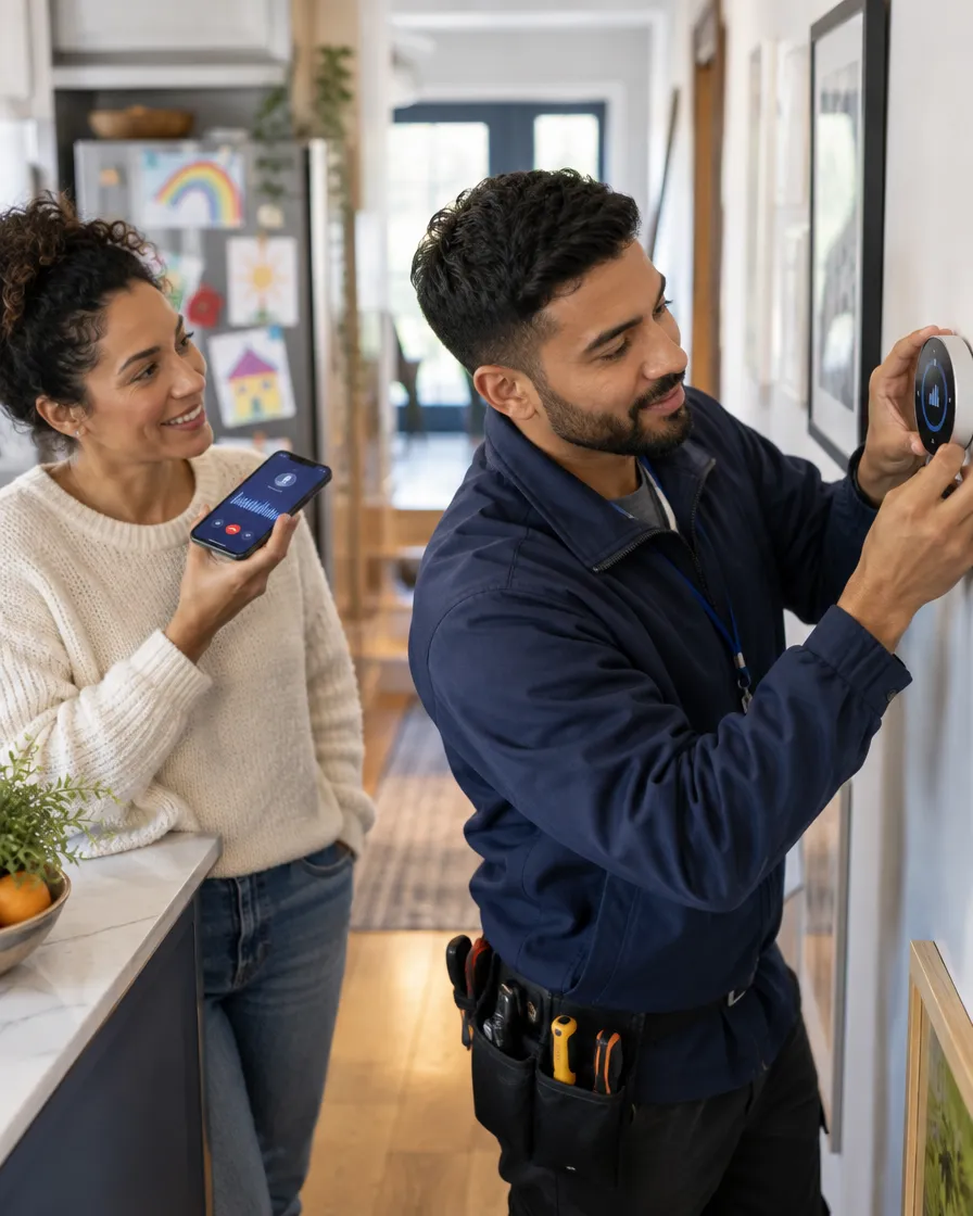 Utility technician checking a smart meter as a homeowner looks on