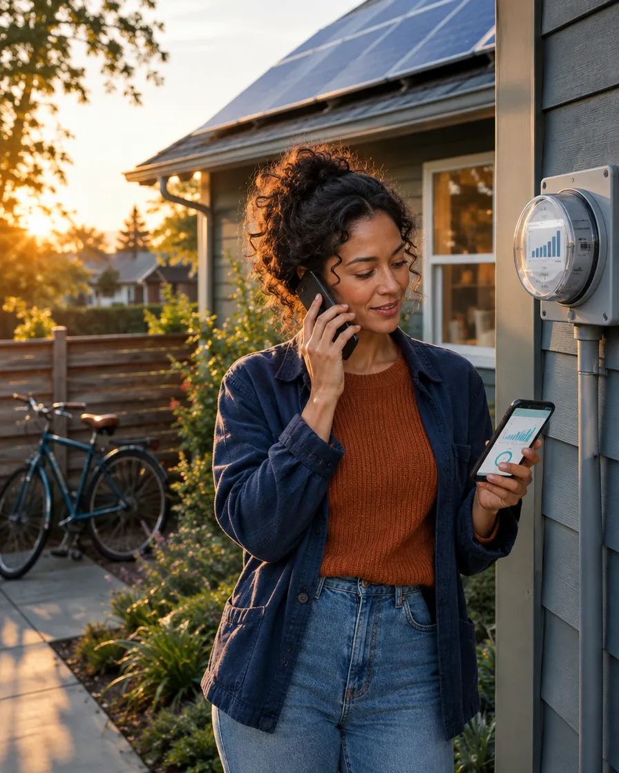 Homeowner on the phone beside her house with rooftop solar panels