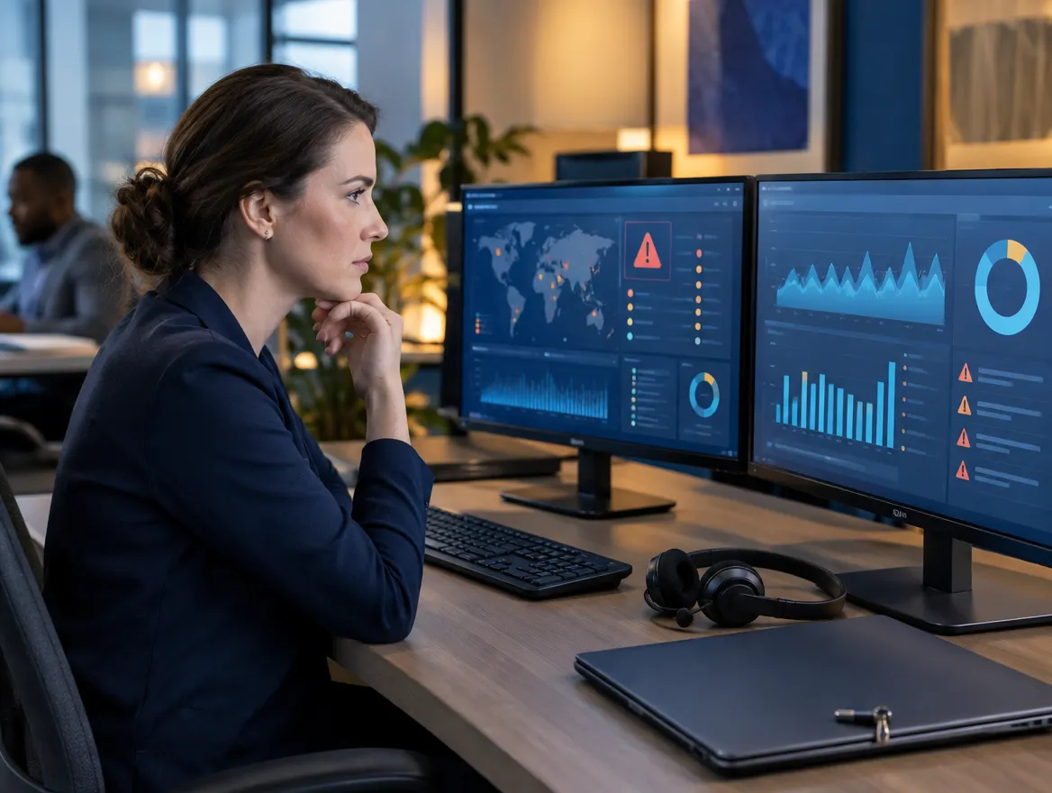 Analyst monitoring financial risk dashboards on two monitors