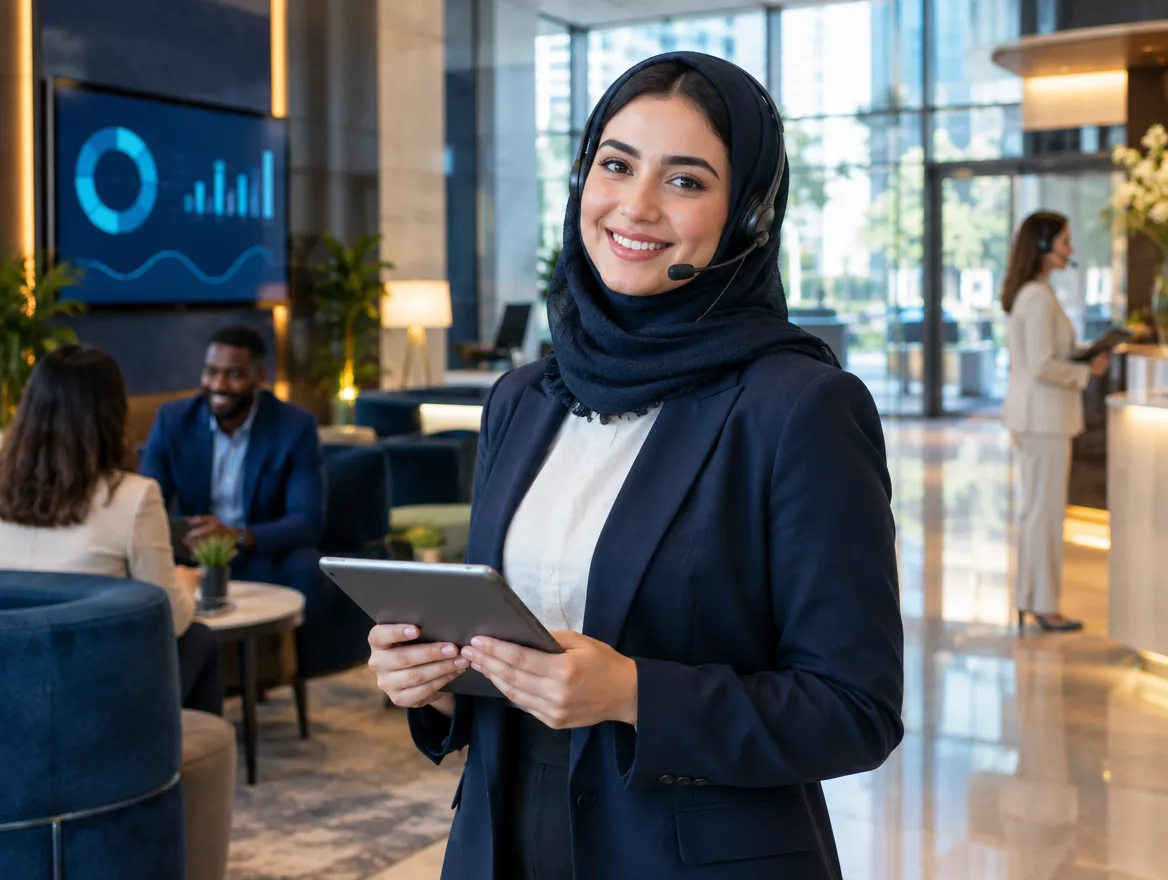 Smiling financial services professional holding a tablet in a lobby