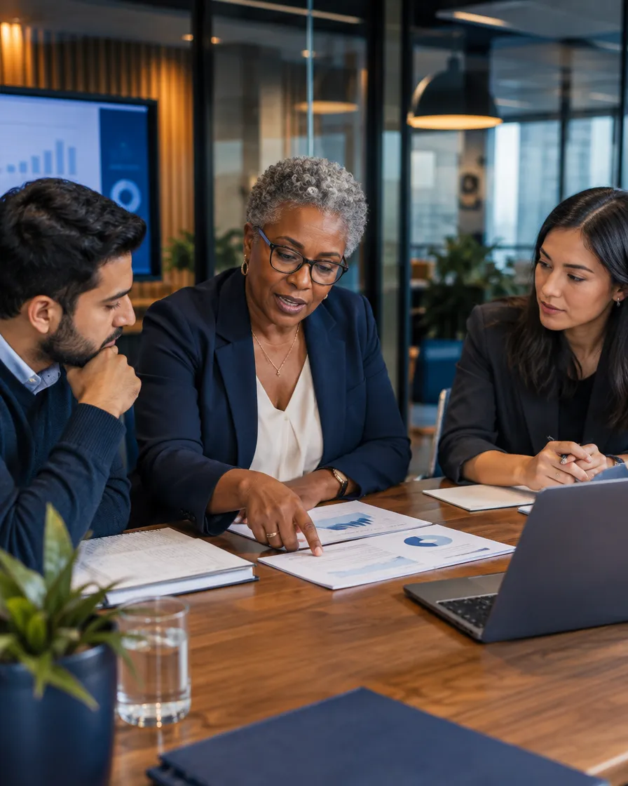 Finance team reviewing reports around a table