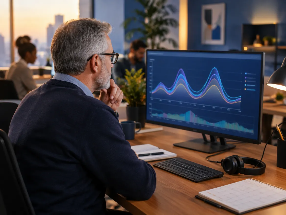 Analyst reviewing financial trend charts on a monitor