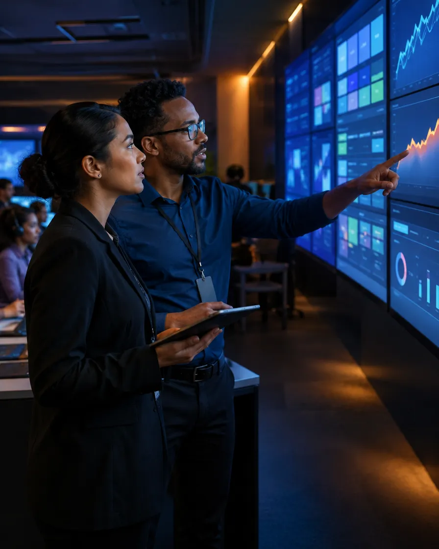 Two analysts reviewing data on a large wall of screens