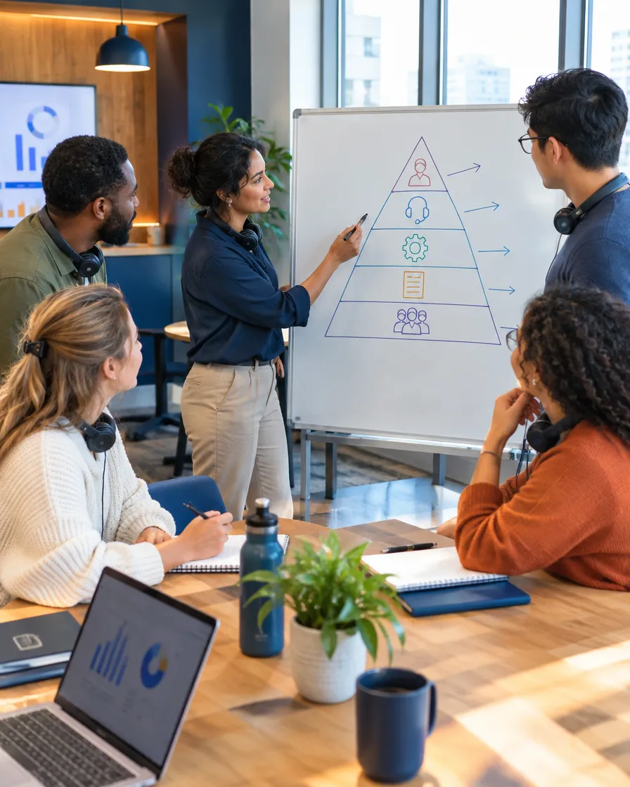 Financial services team planning around a whiteboard