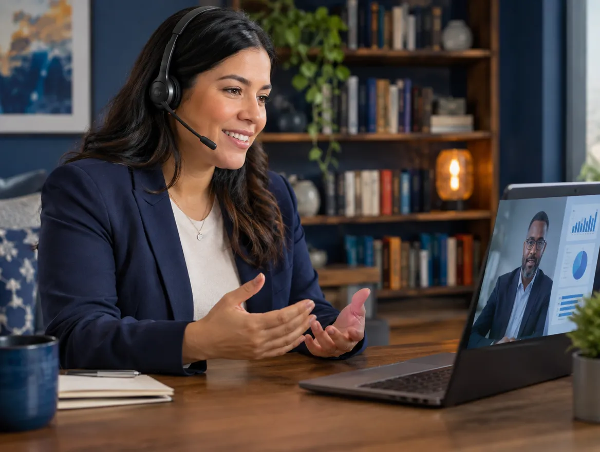 Financial services agent in a headset on a video call