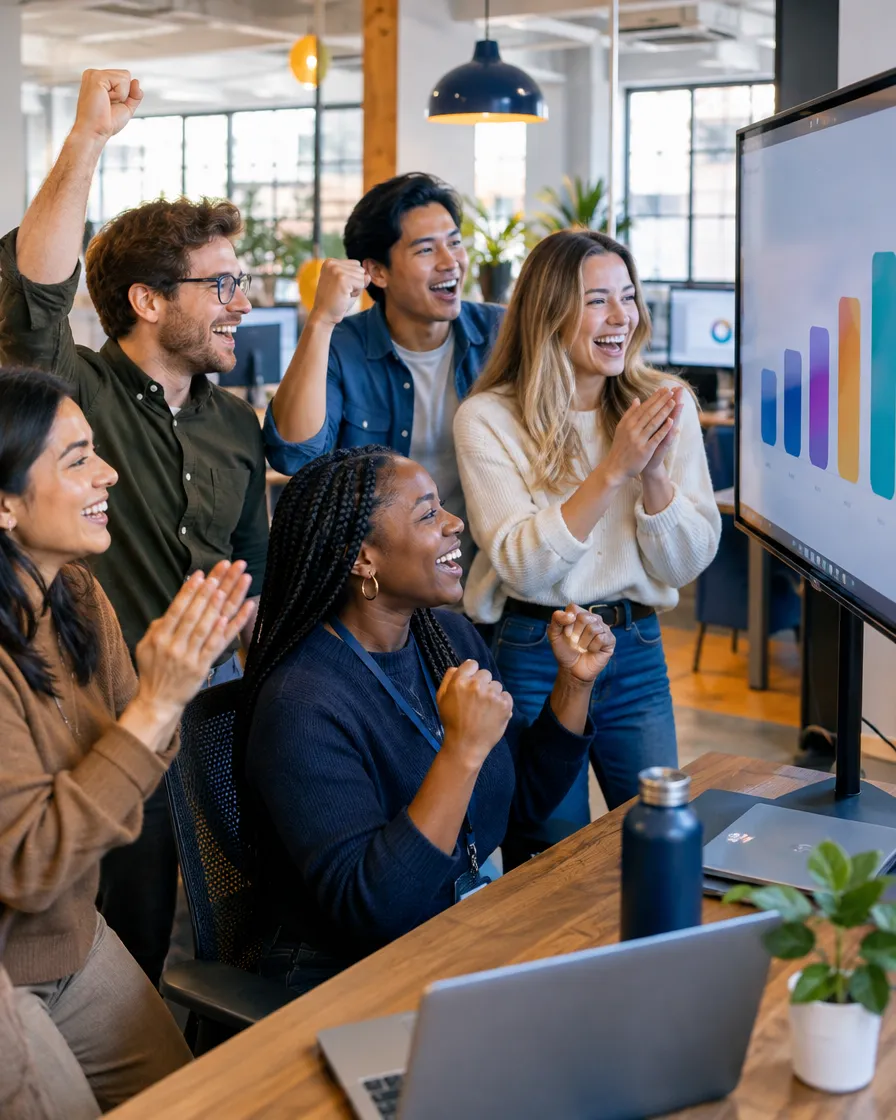 Financial services team cheering together in an office