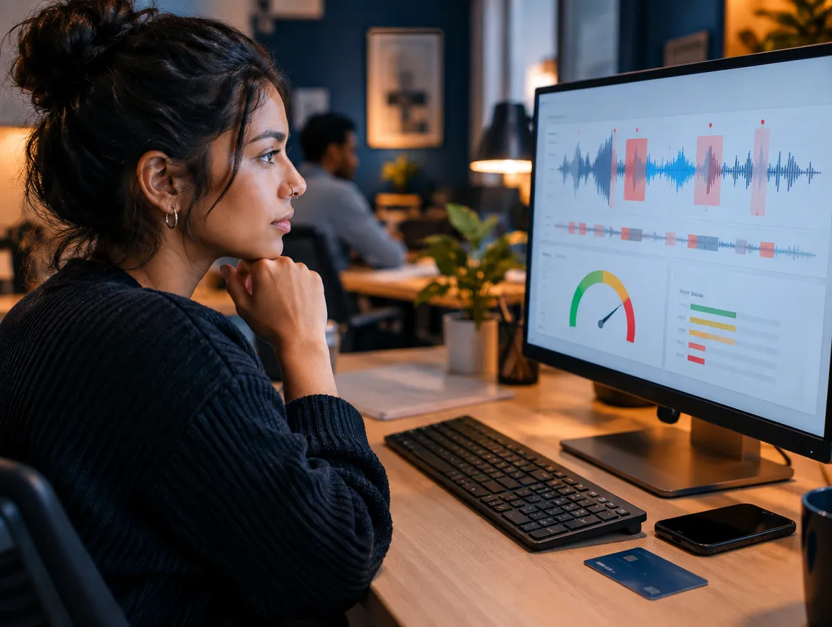 Analyst reviewing customer sentiment analytics on a monitor