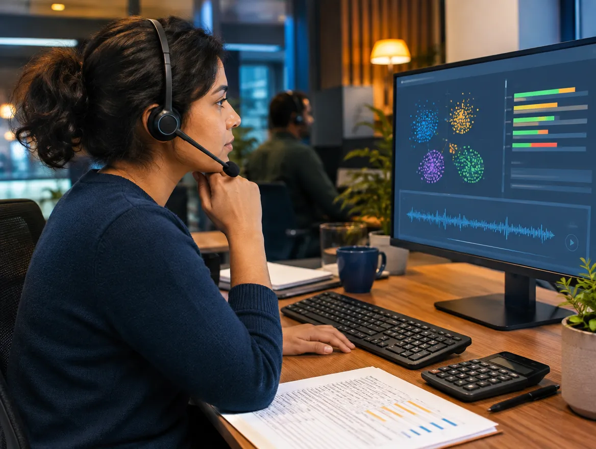 Fintech support agent in a headset reviewing analytics dashboards