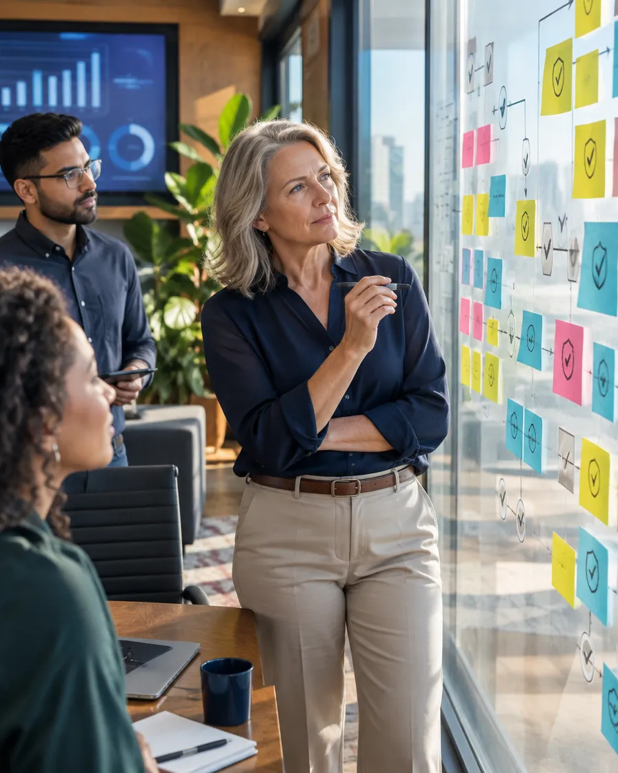 Fintech team reviewing a planning wall of sticky notes