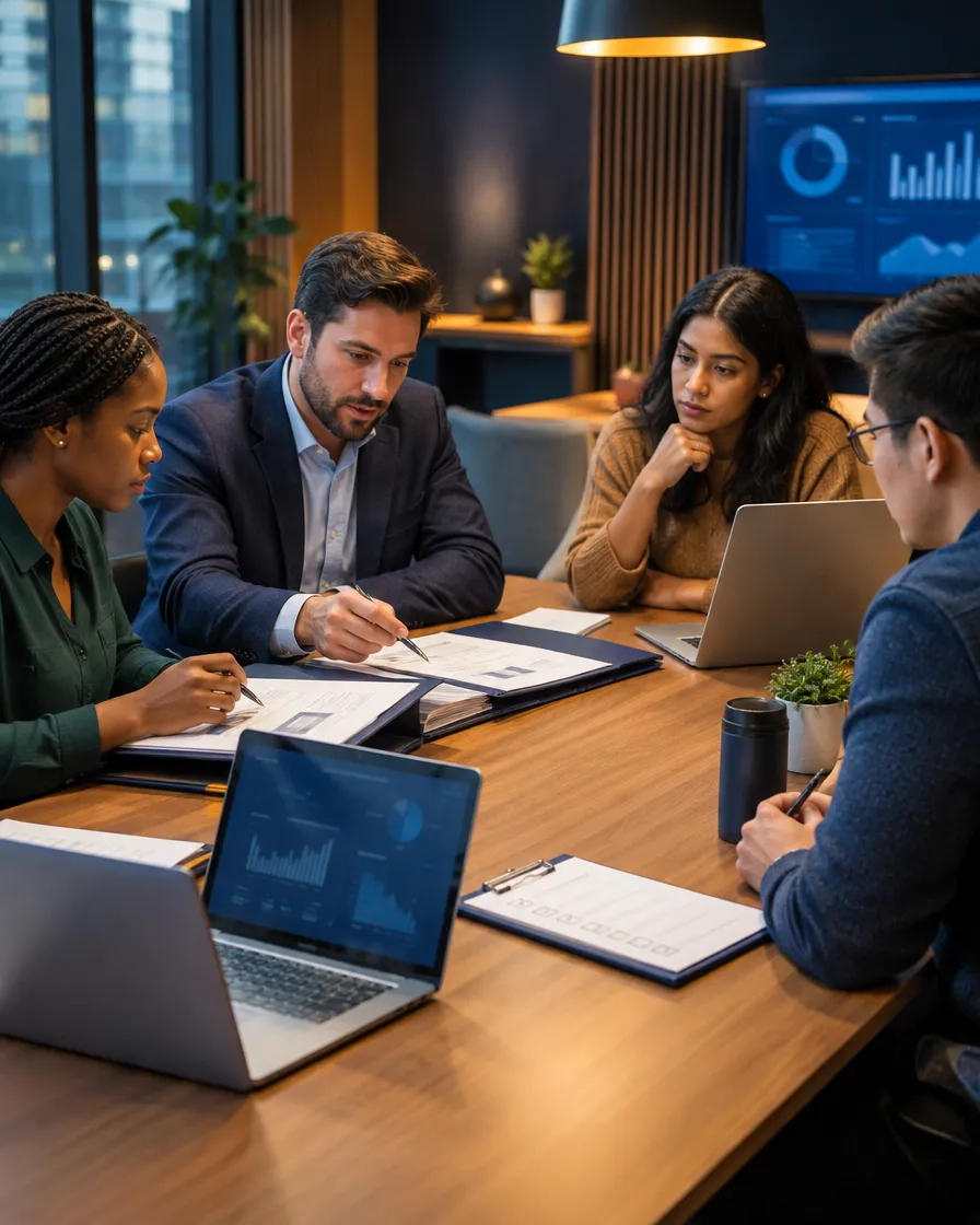 Fintech team meeting around a table with laptops