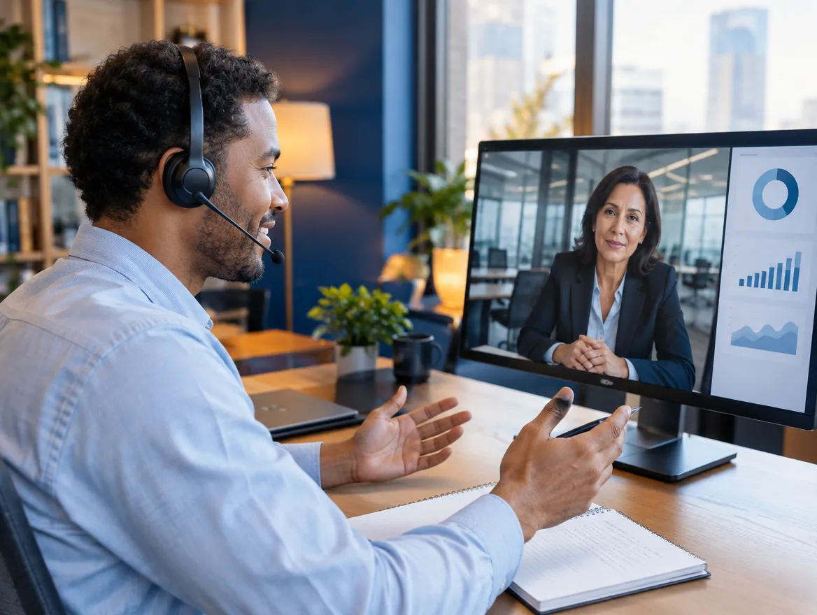 Fintech support agent in a headset on a video call