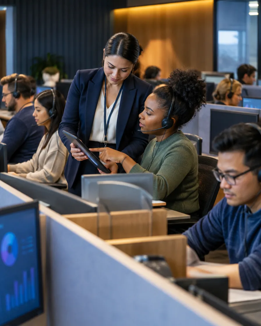 Fintech support agents working at their desks