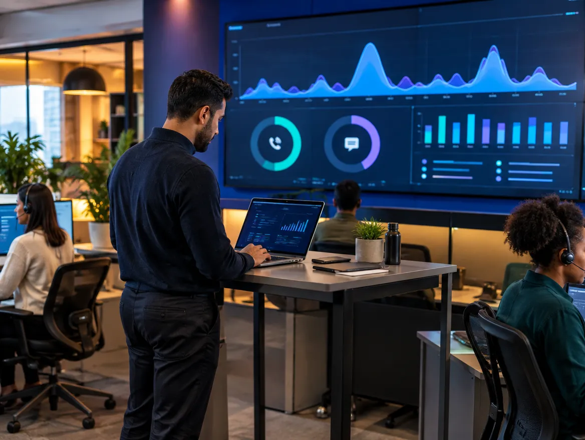 Team lead reviewing live dashboards on a large screen