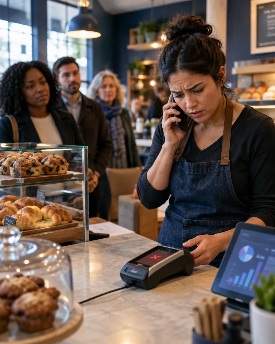 Café owner on the phone while taking a card payment
