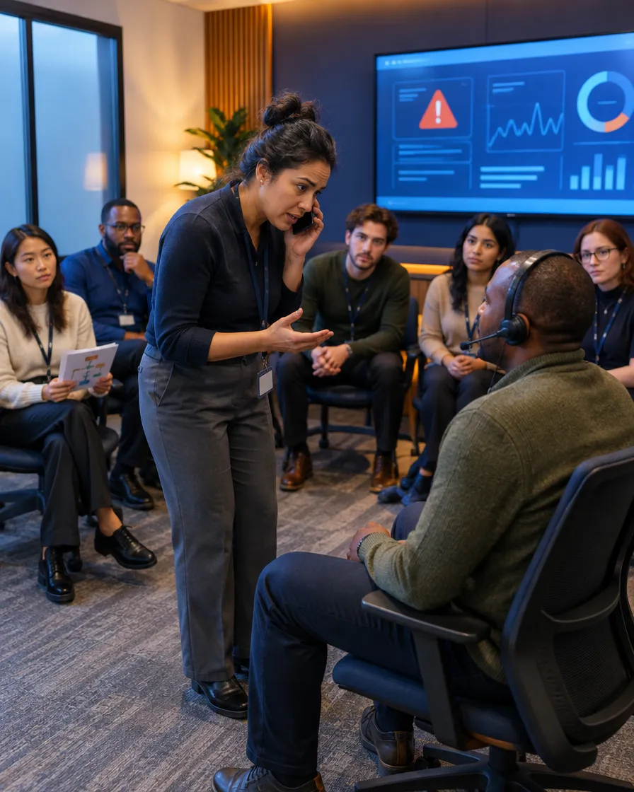 Fintech call center floor with an alert dashboard on the wall
