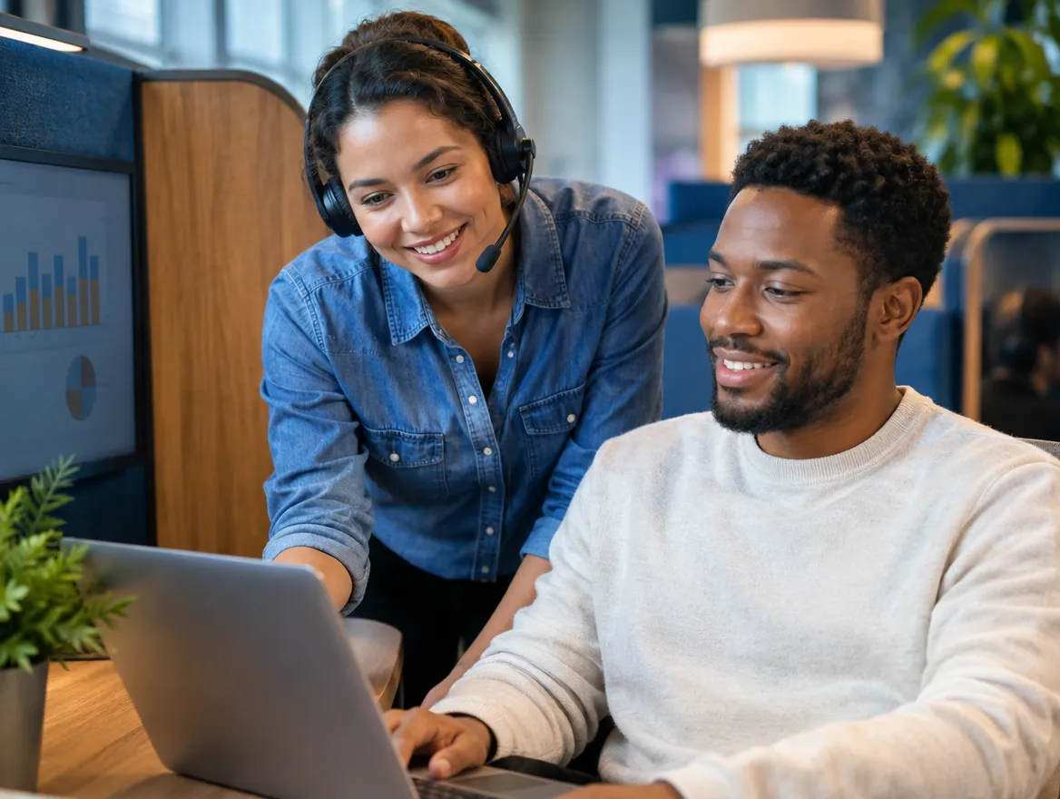 Smiling fintech agent in a headset helping a colleague