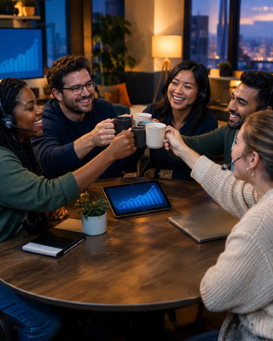 Fintech team chatting over coffee around a table