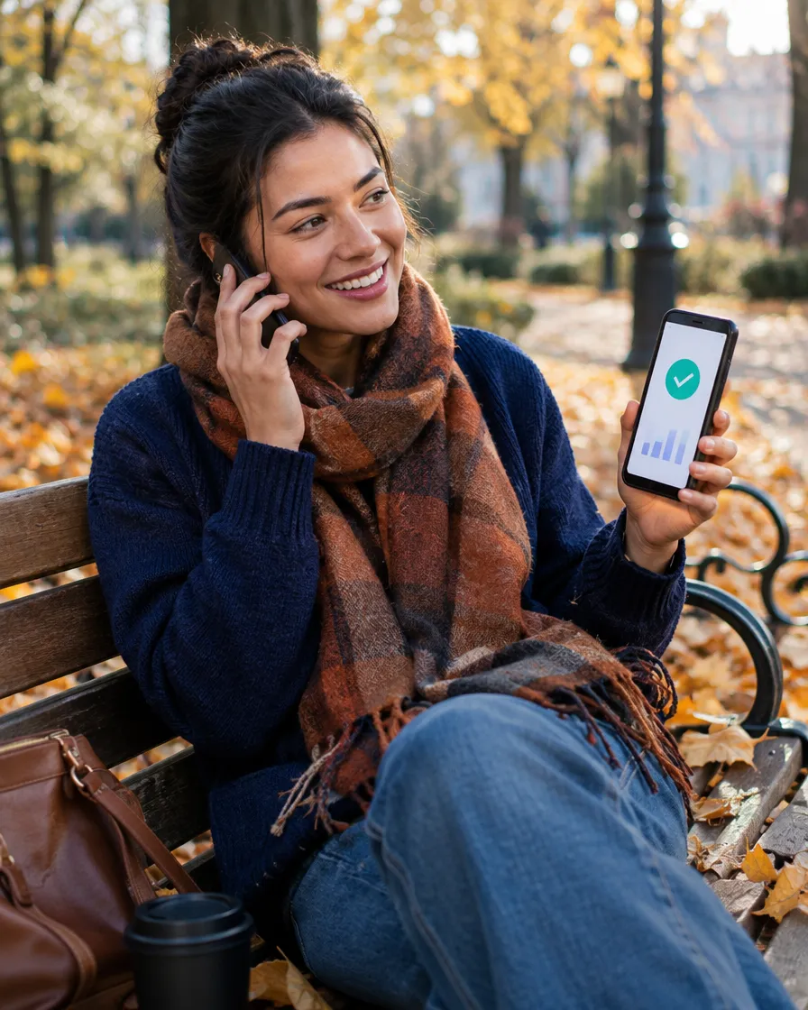 Smiling woman on the phone checking a payment app on a park bench