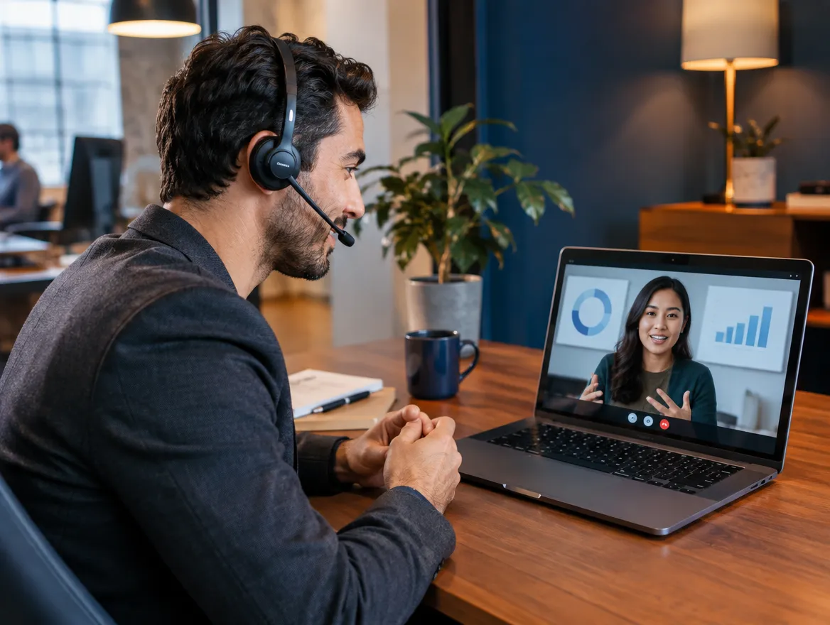 Fintech support agent in a headset on a video call