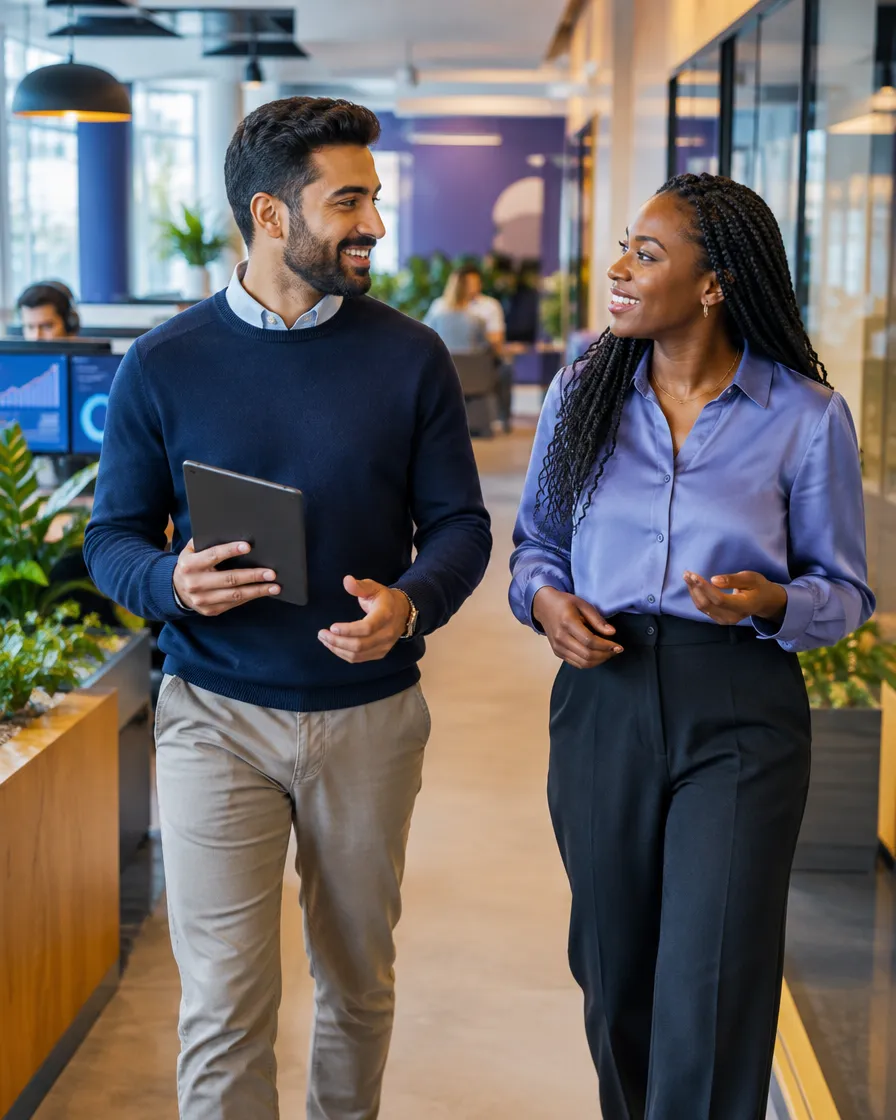Two colleagues walking and talking through a modern office