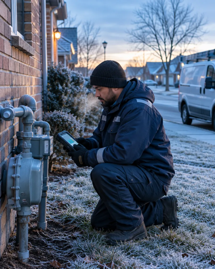 Technician inspecting a gas meter outside a house on a frosty morning