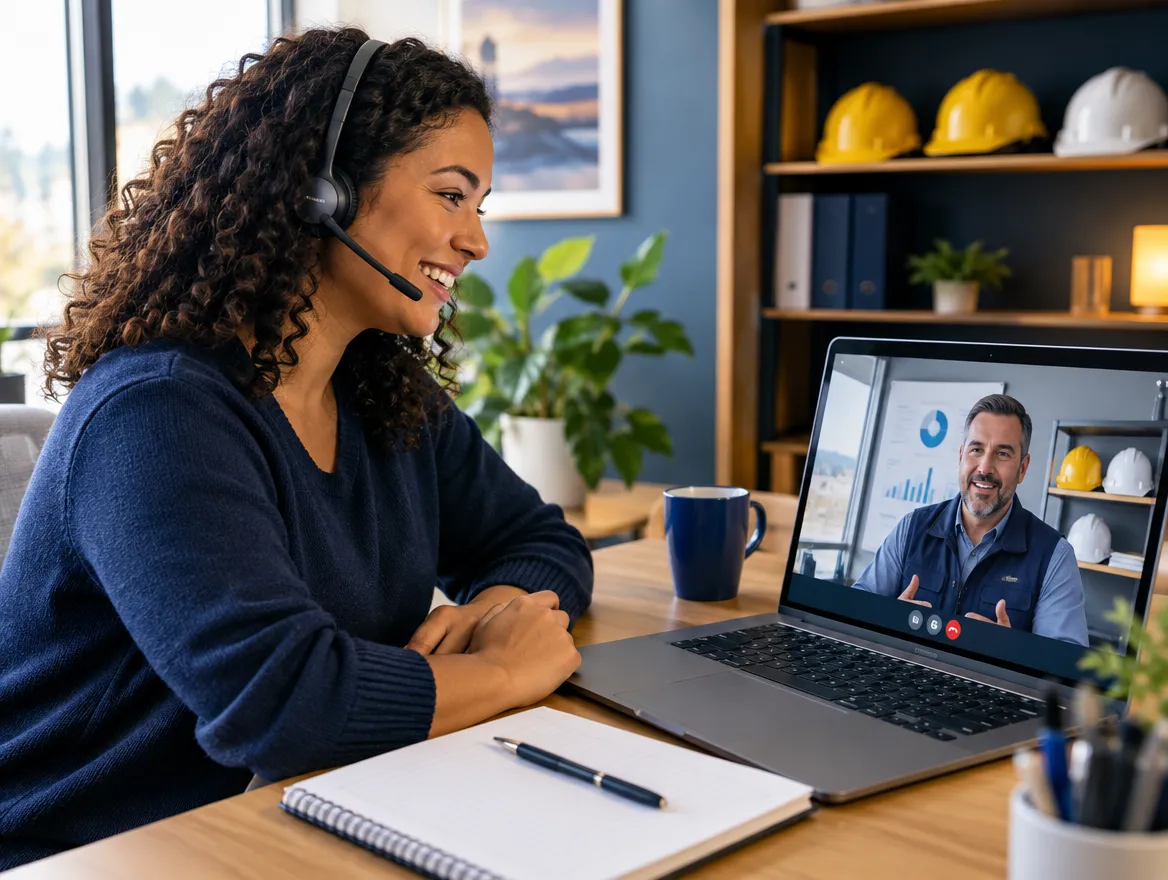 Gas utility support agent in a headset on a video call