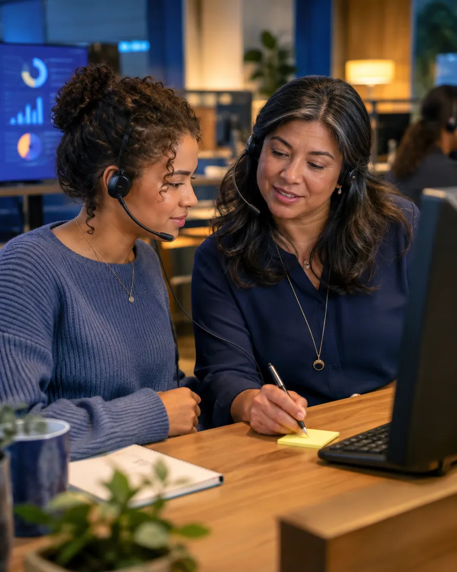 Two gas utility agents reviewing a case together
