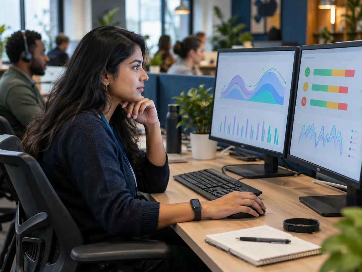 Analyst reviewing wellness program data on two monitors
