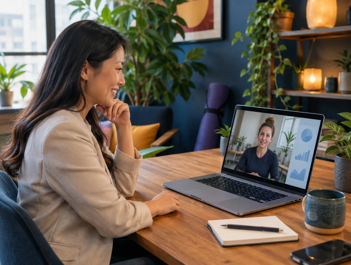 Wellness coach on a video call with a client