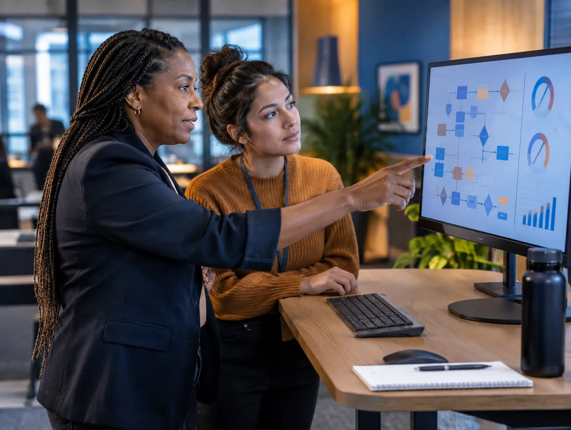 Two claims specialists reviewing a workflow on a monitor