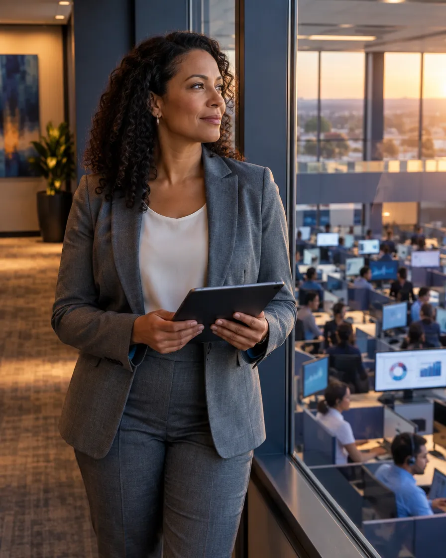 Health plan manager holding a tablet overlooking the office floor
